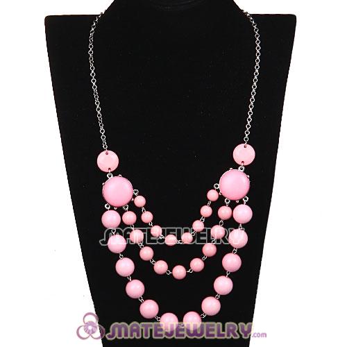 Fashion Silver Chains Three Layers Pink Resin Bubble Bib Necklace 