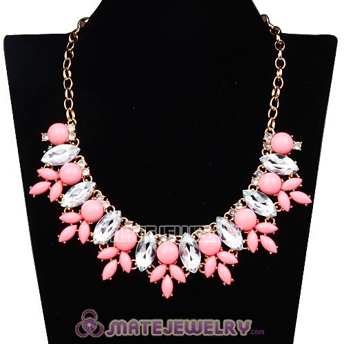 Pink Resin Rhinestone Crystal Marquess Lily Choker Bib Necklaces