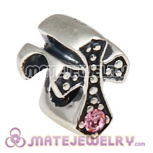 925 Sterling Silver European Cross Charm Bead with Light Rose Austrian Crystal