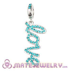 Sterling Silver Love Letters Dangle Beads with Blue Zircon Austrian Crystal