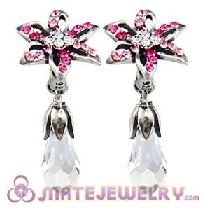 Sterling Silver Lily Briolette Dangle Beads with Pink Rose and Crystal Austrian Crystal