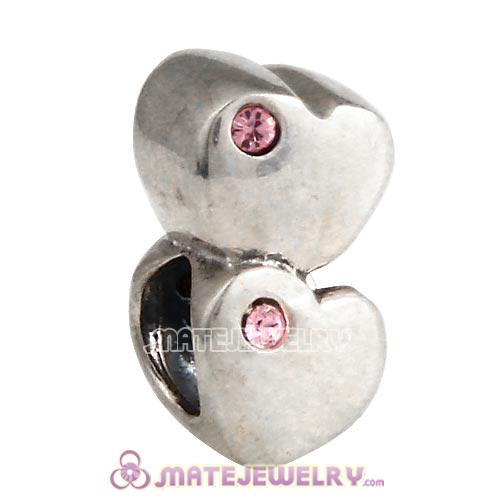 Sterling Silver European Double Heart Charm with Light Rose Austrian Crystal