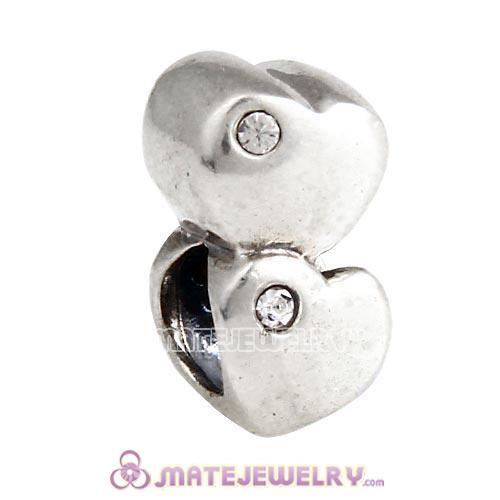 925 Sterling Silver European Double Heart Charm Bead With Austrian Crystal