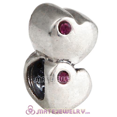 Sterling Silver European Double Heart Charm with Amethyst Austrian Crystal