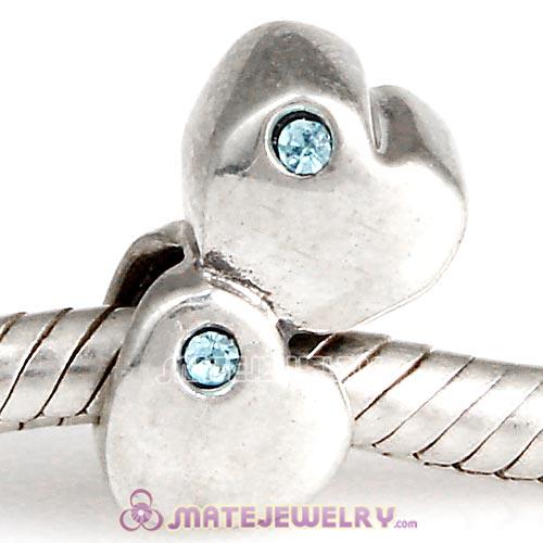 Sterling Silver European Double Heart Charm with Aquamarine Austrian Crystal