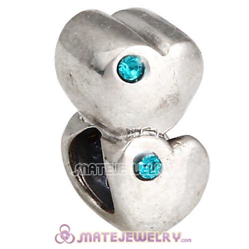 Sterling Silver European Double Heart Charm with Blue Zircon Austrian Crystal