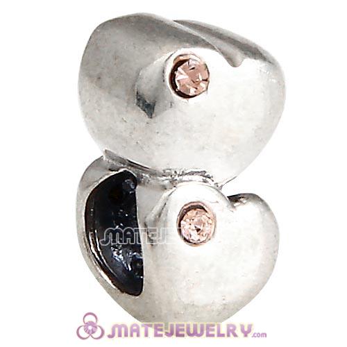 Sterling Silver European Double Heart Charm with Light Peach Austrian Crystal