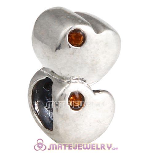 Sterling Silver European Double Heart Charm with Smoked Topaz Austrian Crystal