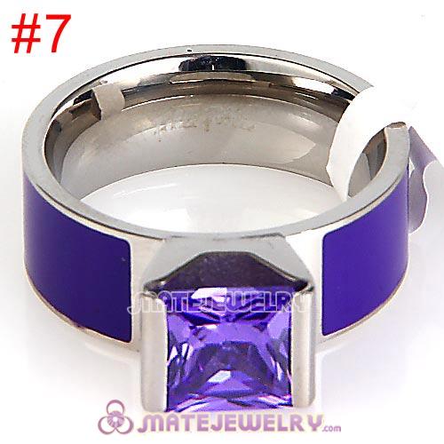 Fashion Unisex Silver Plated Purple CZ Stone Titanium Steel Finger Ring