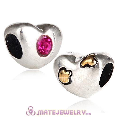 Gold Plated Love Struck Charm Sterling Silver Beads with Fuchsia Austrian Crystal