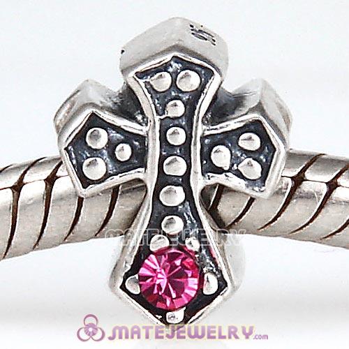 925 Sterling Silver European Cross Charm Bead with Rose Austrian Crystal