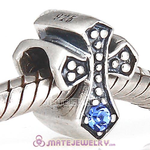 925 Sterling Silver European Cross Charm Bead with Sapphire Austrian Crystal