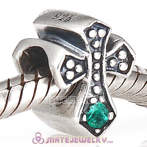 925 Sterling Silver European Cross Charm Bead with Emerald Austrian Crystal