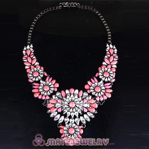 Luxury brand Pink Resin Crystal Flower Statement Necklaces