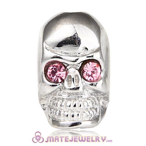 8×14mm Rhodium plated Sterling Silver Skull Head Bead with Light Rose Austrian Crystal