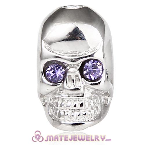 8×14mm Rhodium plated Sterling Silver Skull Head Bead with Tanzanite Austrian Crystal
