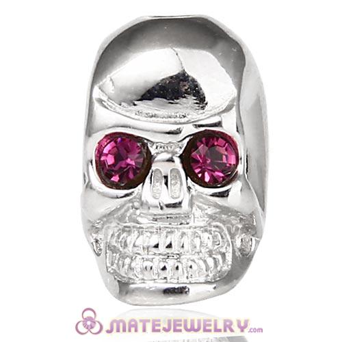 8×14mm Rhodium plated Sterling Silver Skull Head Bead with Amethyst Austrian Crystal