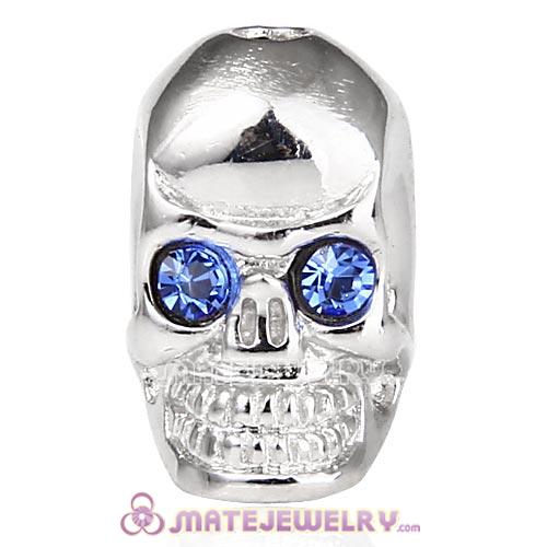 8×14mm Rhodium plated Sterling Silver Skull Head Bead with Sapphire Austrian Crystal