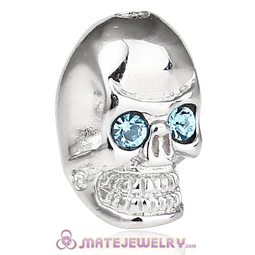 8×14mm Rhodium plated Sterling Silver Skull Head Bead with Aquamarine Austrian Crystal