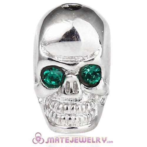 8×14mm Rhodium plated Sterling Silver Skull Head Bead with Emerald Austrian Crystal