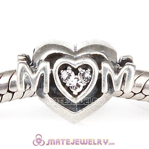 Sterling Silver European MOM Heart Bead with Crystal Austrian Crystal