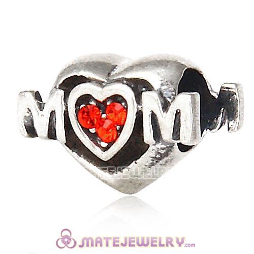 Sterling Silver European MOM Heart Bead with Hyacinth Austrian Crystal