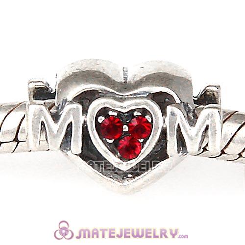 Sterling Silver European MOM Heart Bead with Siam Austrian Crystal