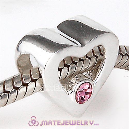 Sterling Silver European Heart Beads with Light Rose Austrian Crystal