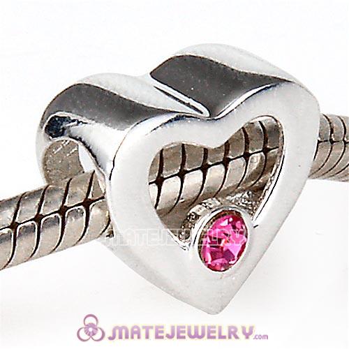 Sterling Silver European Heart Beads with Rose Austrian Crystal