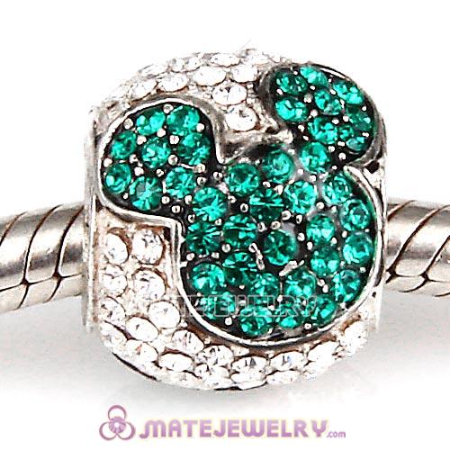 Sterling Silver Jeweled Mickey Beads with Emerald and Clear Austrian Crystal