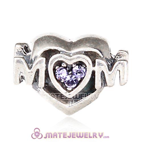 Sterling Silver European MOM Heart Bead with Tanzanite Austrian Crystal