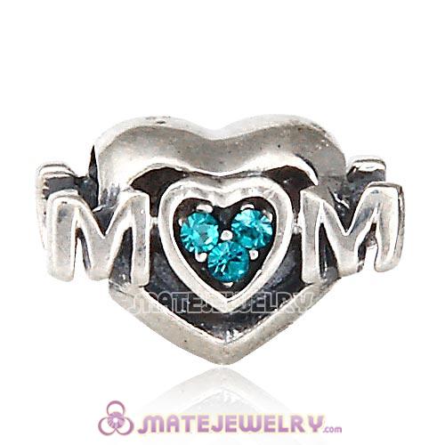 Sterling Silver European MOM Heart Bead with Blue Zircon Austrian Crystal