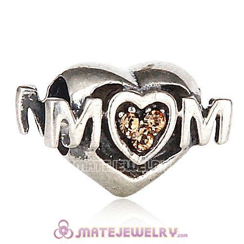 Sterling Silver European MOM Heart Bead with Light Colorado Topaz Austrian Crystal