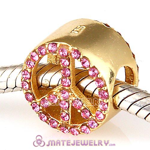 Gold Plated Sterling Silver Button Pave Peace with Rose Austrian Crystal Beads