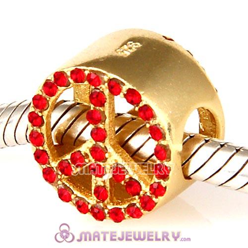 Gold Plated Sterling Silver Button Pave Peace with Light Siam Austrian Crystal Beads