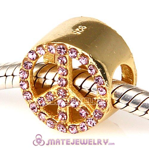 Gold Plated Sterling Silver Button Pave Peace with Light Amethyst Austrian Crystal Beads