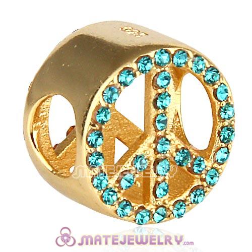 Gold Plated Sterling Silver Button Pave Peace with Blue Zircon Austrian Crystal Beads