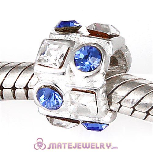European Sterling Silver Charm with Circle Sapphire Square Clear Austrian Crystal