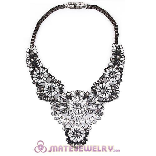 Luxury brand Black Diamond and Clear Crystal Flower Statement Necklaces