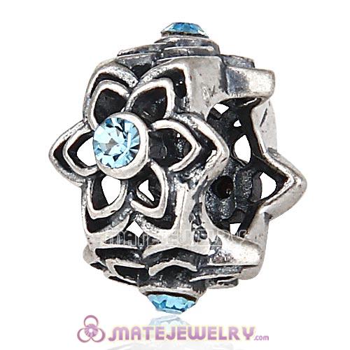 Wholesale European Sterling Silver Dahlia Charm Beads with Aquamarine Austrian Crystal