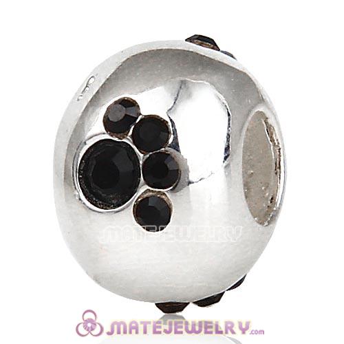 Sterling Silver Paw Prints Beads With Jet Austrian Crystal