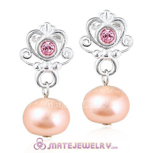 Sterling Silver My Sweet Princess with Light Rose Crystal Dangle Pearl Earrings