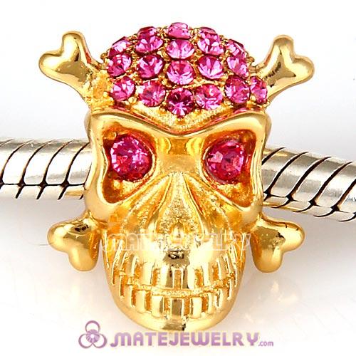Gold Plated Sterling Silver Skull Beads with Rose Austrian Crystal