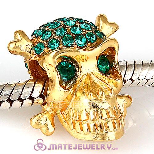 Gold Plated Sterling Silver Skull Beads with Emerald Austrian Crystal