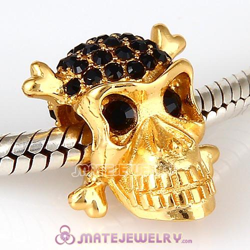 Gold Plated Sterling Silver Skull Beads with Jet Austrian Crystal