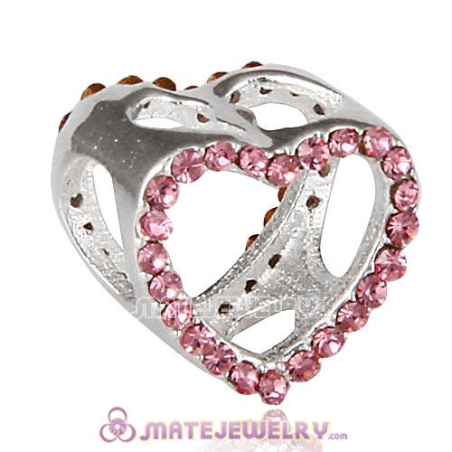 Sterling Silver Heart Beads with Light Rose Austrian Crystal