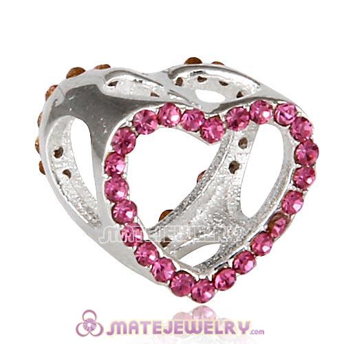 Sterling Silver Heart Beads with Rose Austrian Crystal