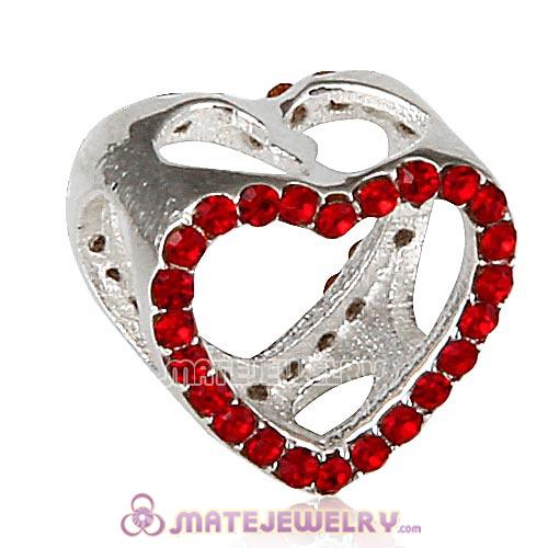 Sterling Silver Heart Beads with Light Siam Austrian Crystal
