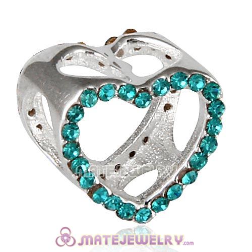 Sterling Silver Heart Beads with Blue Zircon Austrian Crystal