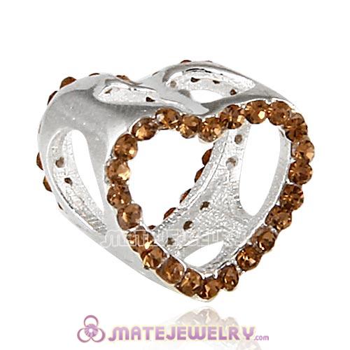 Sterling Silver Heart Beads with Smoked Topaz Austrian Crystal